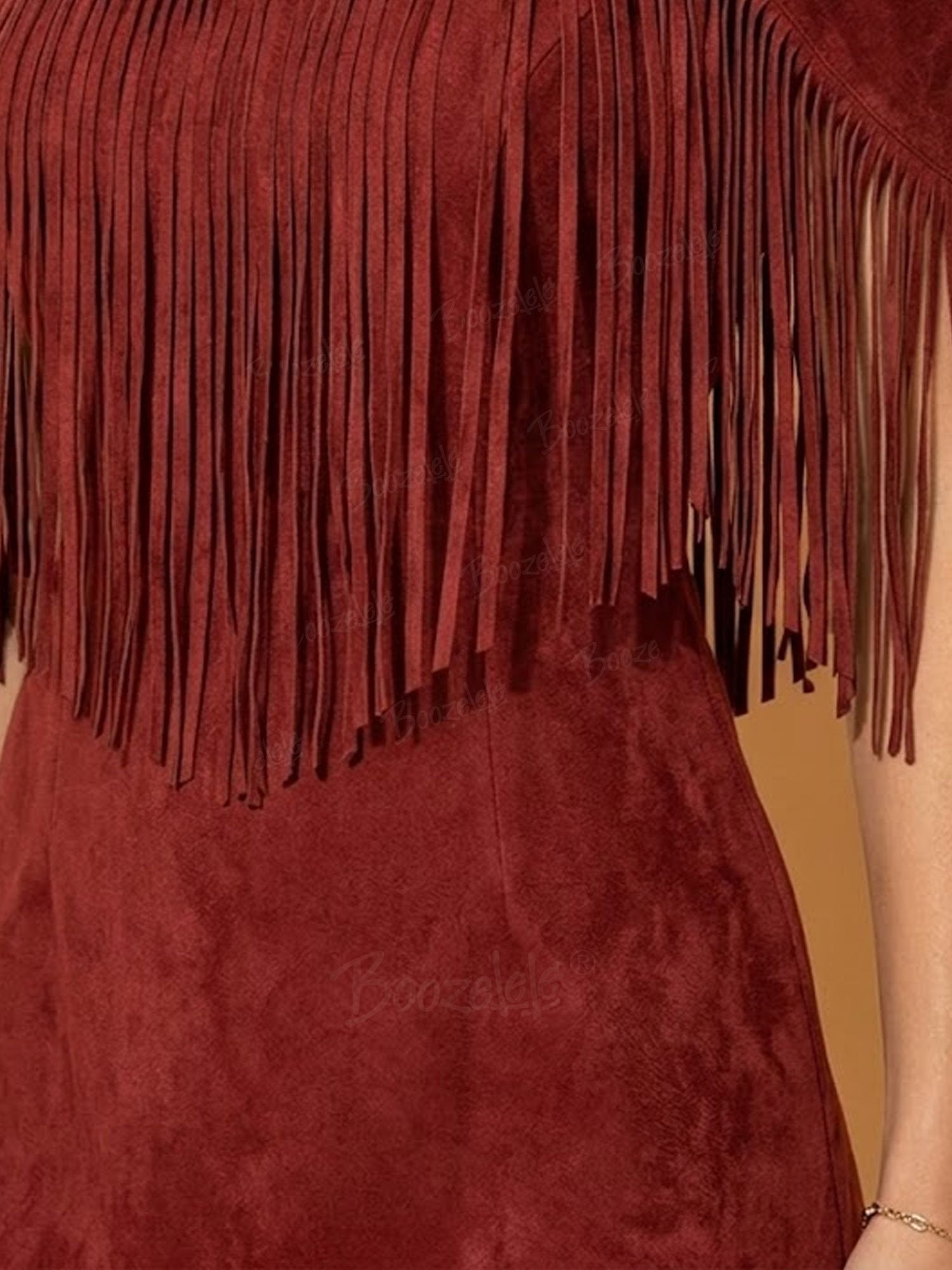 Women's Vintage Western Rust Faux Suede Fringe Mini Dress Cold Shoulder V-Neck Cowgirl Dress