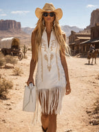 Vintage Western Fringe Mini Dress, Women's White Cowgirl Dress